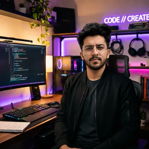 Mudassir portrait - neon workspace backdrop